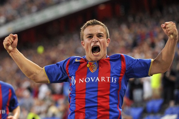 Basel&#039;s Xherdan Shaqiri cheers after scoring during the UEFA Europa League qualifying round second leg soccer match between Switzerland&#039;s FC Basel and Iceland&#039;s RK Reykjavik in the St.  ...