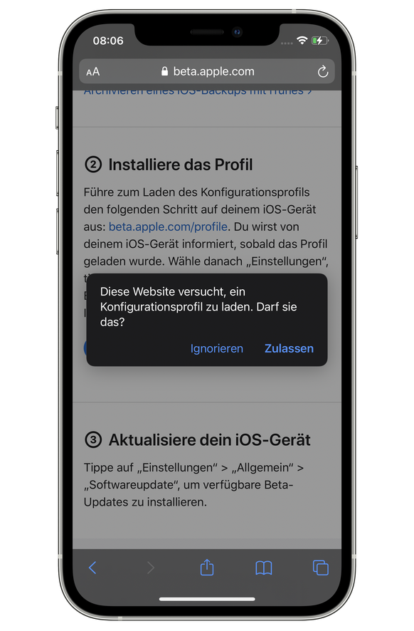 Konfigurationsprofil für Public-Beta-Software auf einem iPhone installieren.