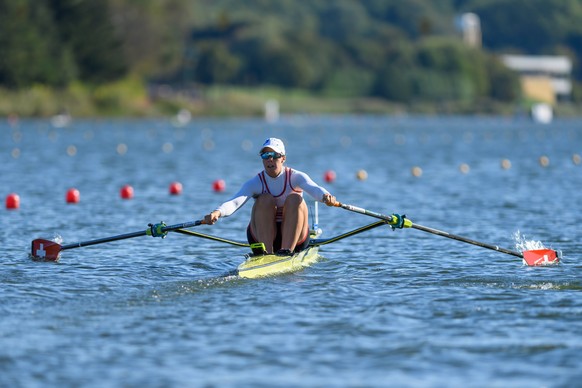 epa08731324 Jeannine Gmelin of Switzerland in action during the Women&#039;s Single Sculls heats at the European Rowing Championshps 2020 in Poznan, Poland, 09 October 2020. EPA/Jakub Kaczmarczyk POLA ...