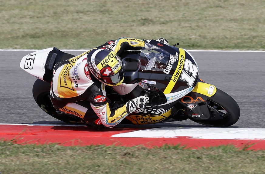 Switzerland&#039;s rider Thomas Luethi steers his Kalex during the third practice session for Sunday&#039;s San Marino Moto 2 race, at the Misano circuit, in Misano Adriatico, Italy, Saturday, Sept. 1 ...