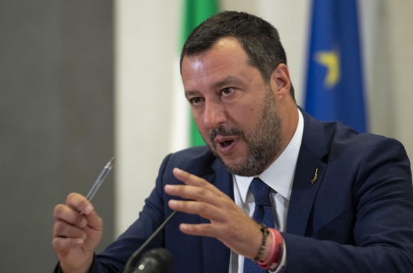 epa07718571 Italian vice president and interior minister Matteo Salvini talks to journalists about the meeting with the Union and Association in Rome, Italy, 15 July 2019. EPA/MAURIZIO BRAMBATTI
