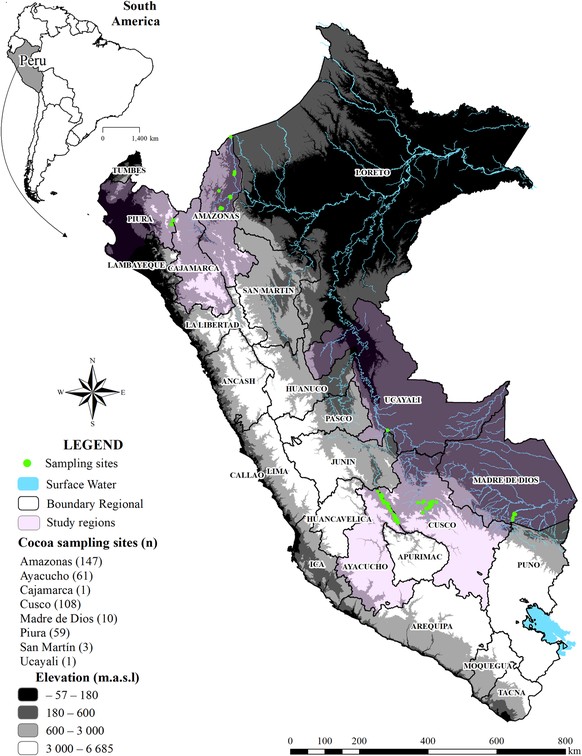 Standorte der Probenahme und Stichprobengrössen für Kakao in Peru:
Amazonas (n = 130), Ayacucho (n = 76), Cajamarca (n = 1), Cusco (n = 110), Madre de Dios (n = 10), Piura (n = 59), San Martín (n = 3) ...