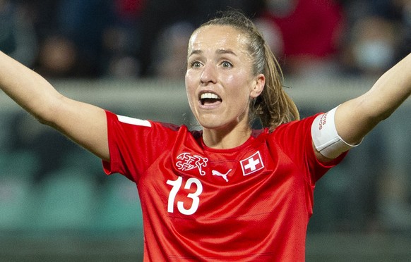 Switzerland&#039;s midfielder Lia Waelti reacts, during the FIFA Women&#039;s World Cup 2023 qualifying round group G soccer match between the national soccer teams of Italy and Switzerland, at the Re ...