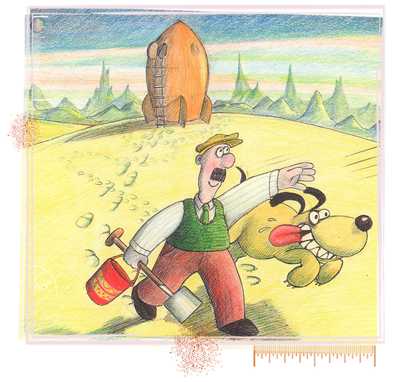 Eine frühe Konzeptskizze von Wallace &amp; Gromit. Wallace mit Schnauz und Hut; Gromit bereits als Hund, aber mit Mund und Zunge. 
https://www.wallaceandgromit.com/media/dxsftlzk/agdo_sketch_sq_2.png