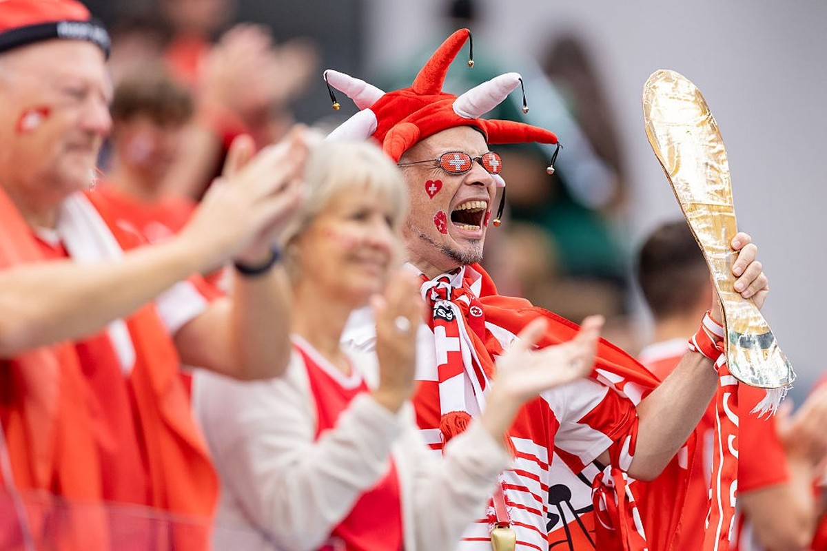 INGLEWOOD, CALIFORNIA - JUNE 18: A Switzerland fan holds cheers before the FIFA World Cup 2026 Group B match between Switzerland and Bosnia and Herzegovina at Los Angeles Stadium on June 18, 2026 in I ...