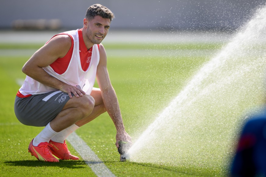 Switzerland&#039;s defender Fabian Schaer attends a open training session of Swiss national soccer team in preparation for the FIFA World Cup Qatar 2022 at the University of Doha for Science and Techn ...