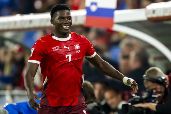 epa12363038 Switzerland&#039;s Breel Embolo celebrates scoring the 2-0 goal during the FIFA 2026 World Cup Group B qualifying soccer match between Switzerland and Slovenia, in Basel, Switzerland, 08 S ...