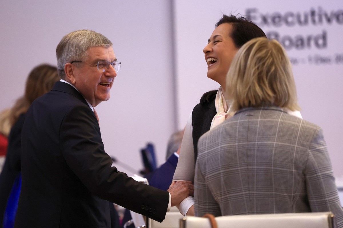 International Olympic Committee (IOC) president Thomas Bach, left, arrives to chair an IOC Executive Board meeting to discuss the Paris 2024 olympic plans and the upcoming editions of the Olympic Game ...