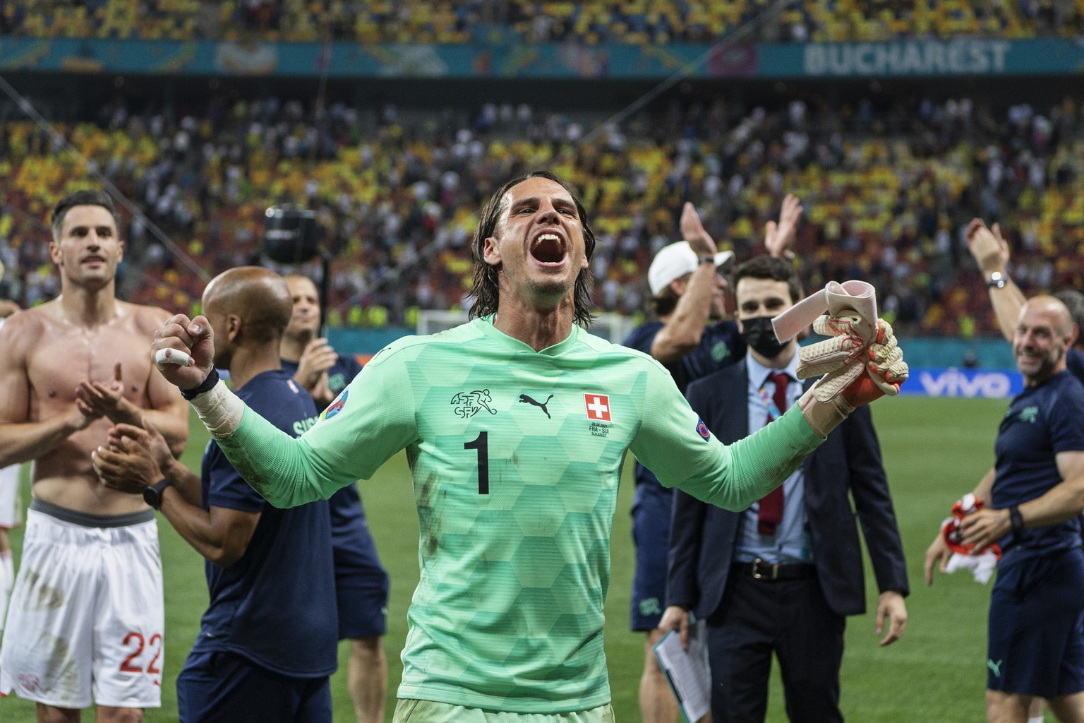 Switzerland&#039;s goalkeeper Yann Sommer celebrates after winning the Euro 2020 soccer tournament round of 16 match between France and Switzerland at the National Arena stadium, in Bucharest, Romania ...