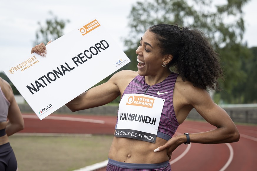 Mujinga Kambundji of Switzerland, winner, reacts after crossing the finish line and after setting a new meeting record in the 100 metres Women Final, during the 44th edition of Resispint International ...