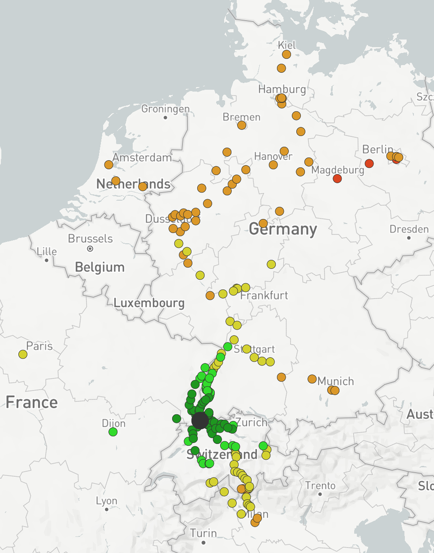 Screenshot direkte Zugverbindungen von Schweizer Bahnhöfen