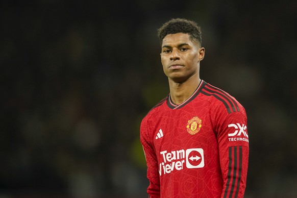 Manchester United&#039;s Marcus Rashford reacts during the EFL Cup fourth round soccer match between Manchester United and Newcastle at Old Trafford stadium in Manchester, England, Wednesday, Nov. 1,  ...