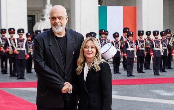 Italy's Premier Giorgia Meloni, front right, welcomes Albania's Prime Minister Edi Rama, front left, for a meeting at Palazzo Chigi, Rome, Italy, Thursday, April 16, 2026 (Roberto Monaldo/La ...