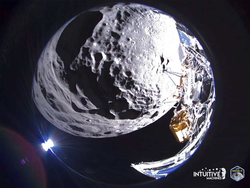 On Thursday, Feb. 22, 2024 the Intuitive Machines? Odysseus lunar lander captures a wide field of view image of Schomberger crater on the Moon approximately 125 miles (200 km) uprange from the intende ...
