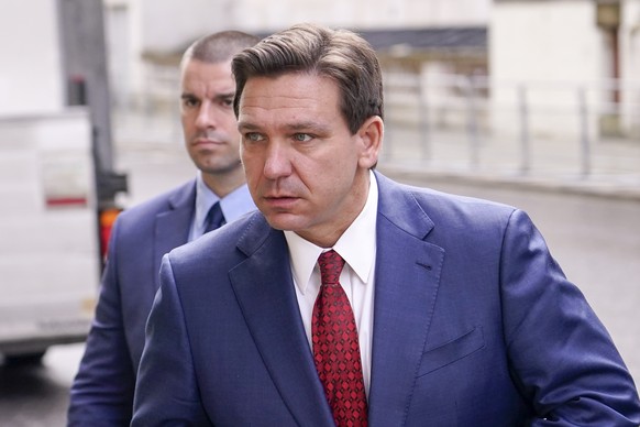 FILE - Florida Republican Gov. Ron DeSantis arrives at the Foreign Office to visit Britain&#039;s Foreign Secretary in London, April 28, 2023. On Friday, May 5, 2023, more than four years later, DeSan ...