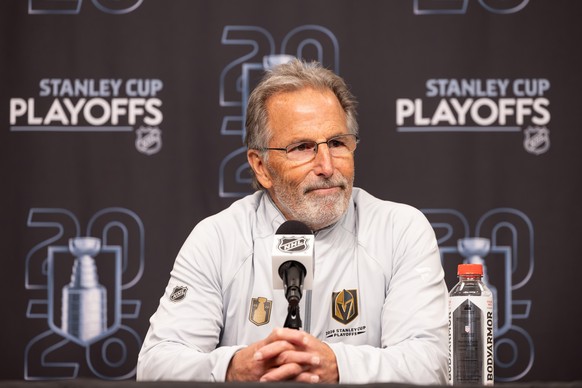 Vegas Golden Knights head coach John Tortorella speak at a press conference after Game 3 of the first round NHL hockey Stanley Cup playoff series against the Utah Mammoth, Friday, April 24, 2026, in S ...