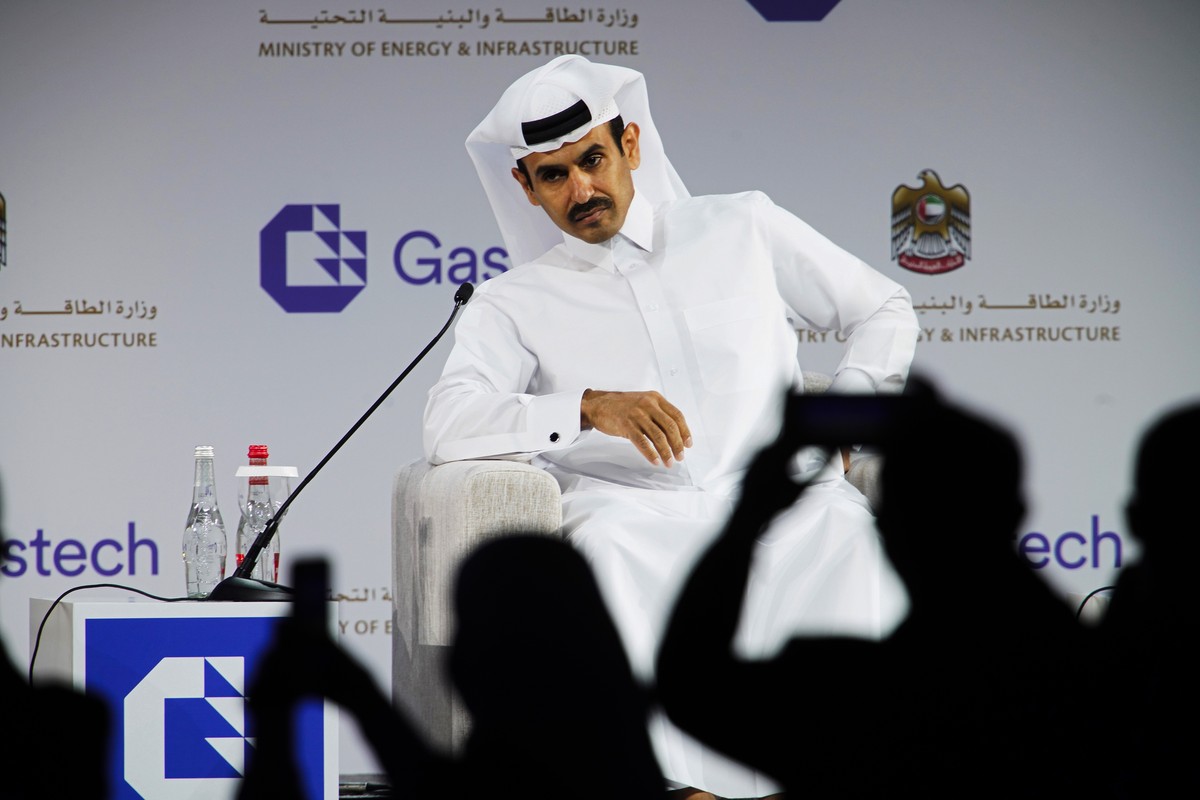 Qatar's Minister of State for Energy Affairs Saad Sherida al-Kaabi sits on stage during the Gastech 2021 conference in Dubai, United Arab Emirates, Tuesday, Sept. 21, 2021. (AP Photo/Jon Gambrell ...
