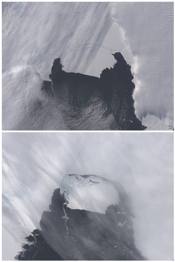 The B-31 Iceberg is seen before, (top) on October 28, 2013 and after separating on November 13, 2013, from a rift in Antarctica's Pine Island Glacier in this NASA Earth Observatory handout image. Scie ...