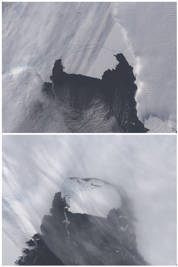 The B-31 Iceberg is seen before, (top) on October 28, 2013 and after separating on November 13, 2013, from a rift in Antarctica&#039;s Pine Island Glacier in this NASA Earth Observatory handout image. ...