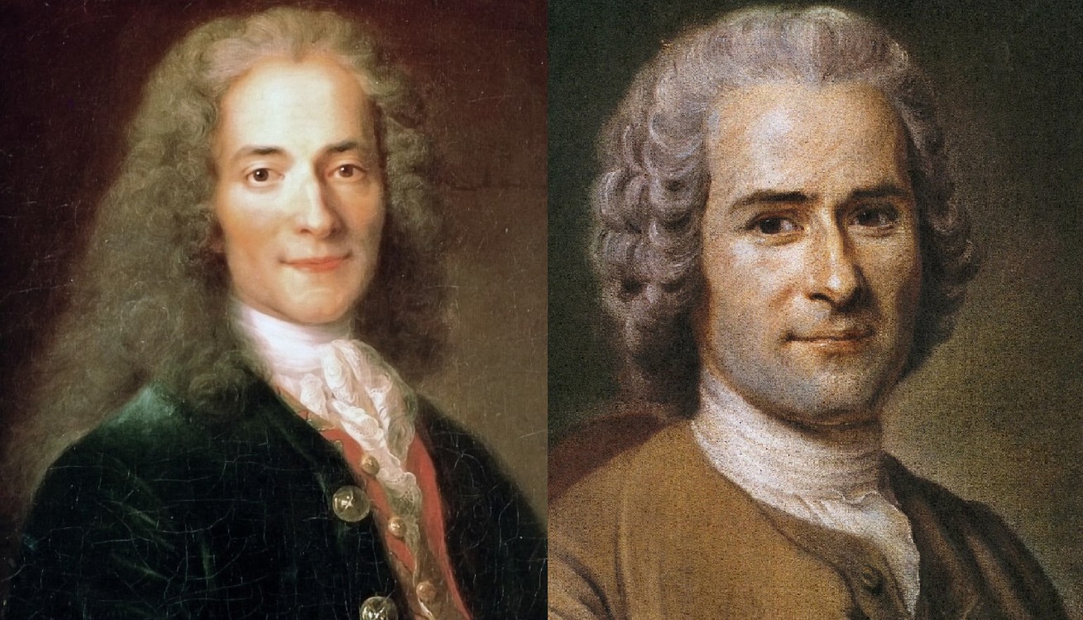 Der französische Voltaire (1694–1778, links) und der Genfer Philosoph Jean-Jacques Rousseau (1712–1778, rechts). Rousseau kritisierte die Vergesellschaftung des Menschen, die ihn von seinem wahren, von Natur aus guten Wesen entfremde und schlecht machen würde.