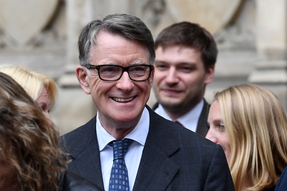 epa11786127 FILE - Labour politician Peter Mandelson leaves after a service of thanksgiving for the life and work of former Cabinet Secretary Lord Heywood in the Westminster Abbey in central London, B ...