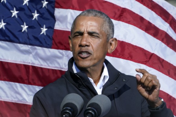 FILE - In this Nov. 2, 2020 file photo, former President Barack Obama speaks at a rally as he campaigns for Democratic presidential candidate former Vice President Joe Biden in Atlanta. A long-time pa ...