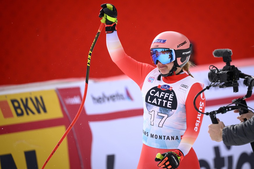 Joana Haehlen of Switzerland reacts in the finish area during the women&#039;s Downhill race at the FIS Alpine Ski World Cup in Crans-Montana, Switzerland, Sunday, February 26, 2023. (KEYSTONE/Alessan ...