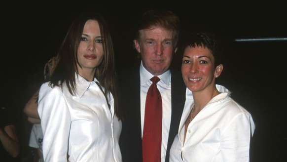 Portrait of, from left, future married couple fashion model Melania Knauss (later Melania Trump) and American real estate developer Donald Trump, with British socialite Ghislaine Maxwell as they pose  ...