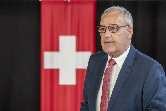 Der Bundesrat, Guy Parmelin anlaesslich einer Delegiertenversammlung der SVP vom Samstag, 1. Juli 2023 in Kuessnacht am Rigi. (KEYSTONE/Urs Flueeler).