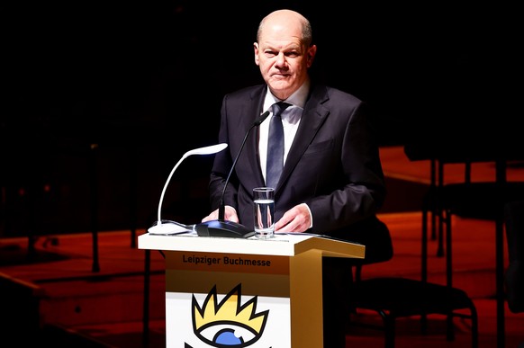 epa11232132 German Chancellor Olaf Scholz speaks during the official opening of the Leipzig Book Fair in the Gewandhaus concert hall in Leipzig, Germany, 20 March 2024. Around 3,000 exhibitors and 250 ...