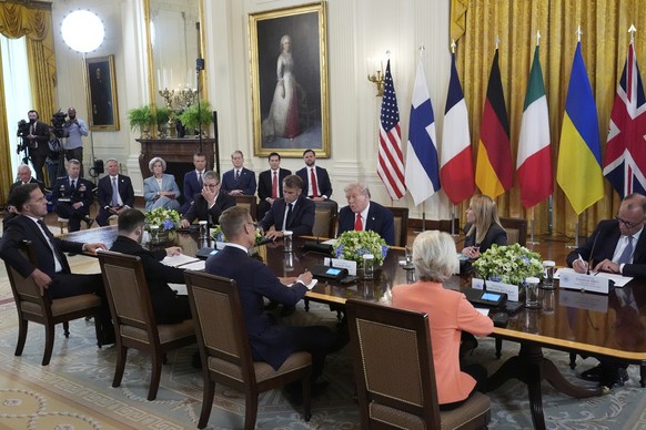 President Donald Trump, center, speaks as from foreground right, European Commission President Ursula von der Leyen, Finland&#039;s President Alexander Stubb, Ukrainian President Volodymyr Zelenskyy,  ...