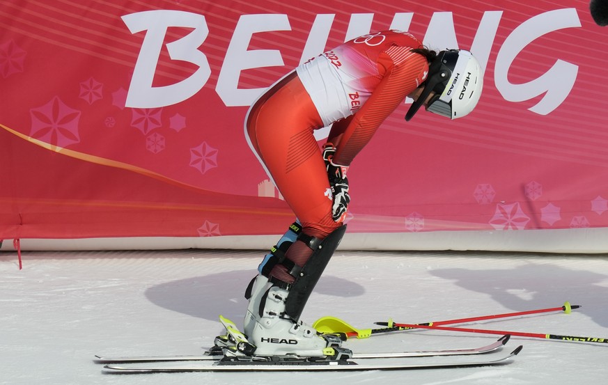 Wendy Holdener, of Switzerland, looks down after finishing the women&#039;s slalom round 2 at the 2022 Winter Olympics, Wednesday, Feb. 9, 2022, in the Yanqing district of Beijing. (AP Photo/Luca Brun ...