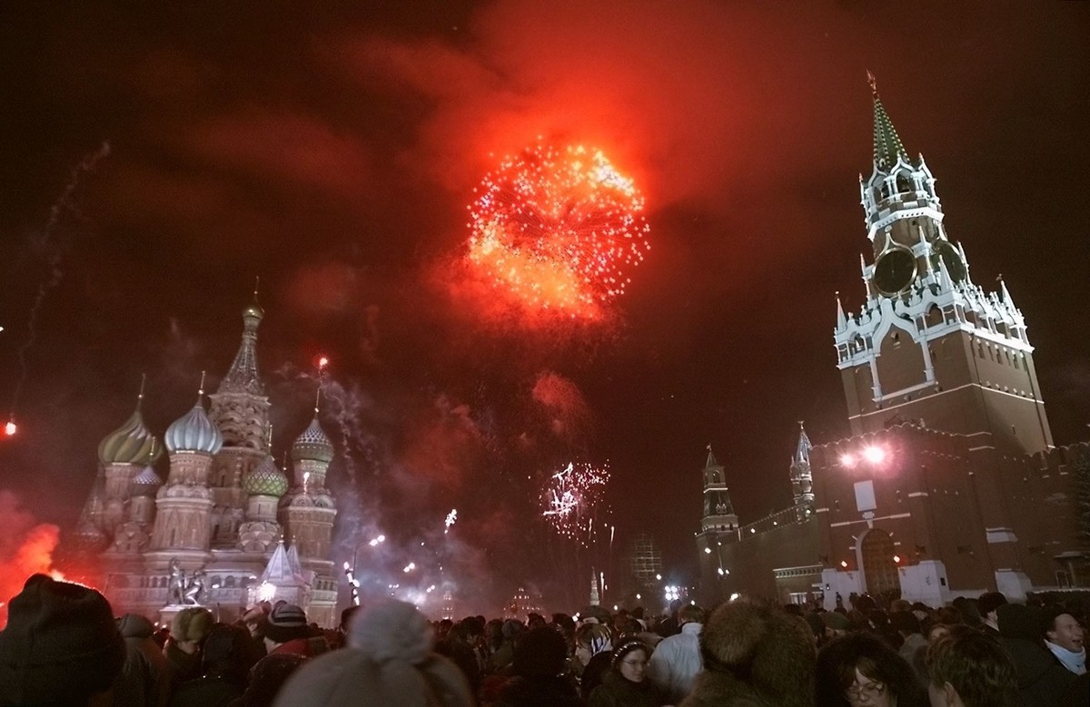 Moscow's famous Red Square, including St. Basil's Cathedral (left) is aglow with fireworks as Moscovites celebrate the arrival of the new Millenium just moments after midnight local time Sat ...
