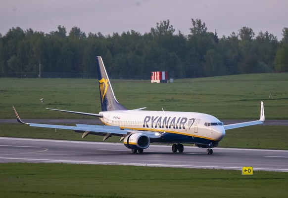 The Ryanair plane with registration number SP-RSM, carrying opposition figure Raman Pratasevich which was traveling from Athens to Vilnius and was diverted to Minsk after a bomb threat, lands at the I ...