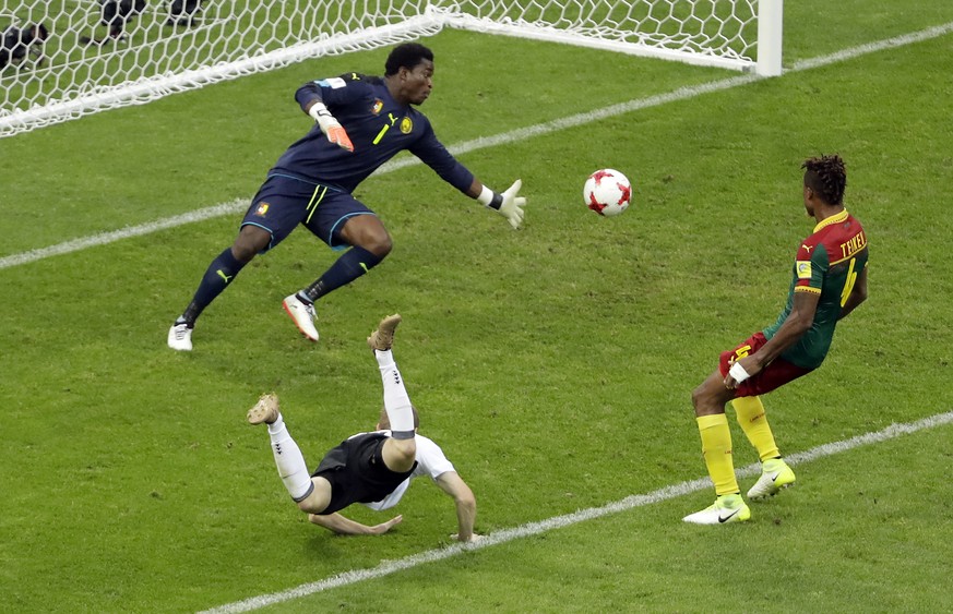 Germany&#039;s Timo Werner, front, scores his side&#039;s second goal during the Confederations Cup, Group B soccer match between Germany and Cameroon, at the Fisht Stadium in Sochi, Russia, Sunday Ju ...