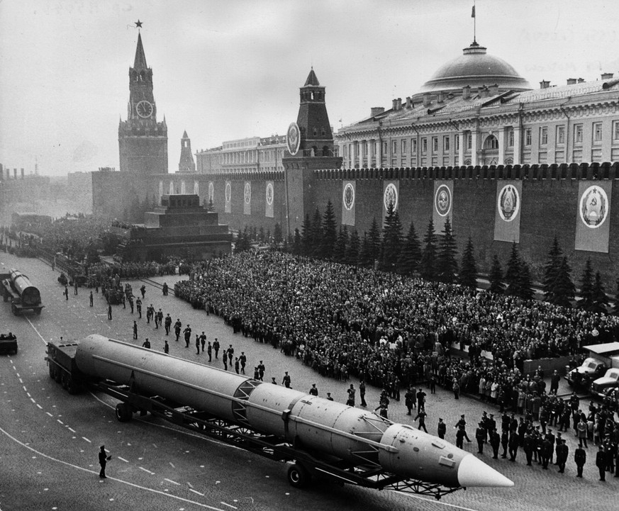 12th May 1965: A Russian Intercontinental Missile crossing Red Square during the military parade in Moscow marking the 20th Anniversary of the end of the war in Europe. (Photo by Central Press/Getty I ...