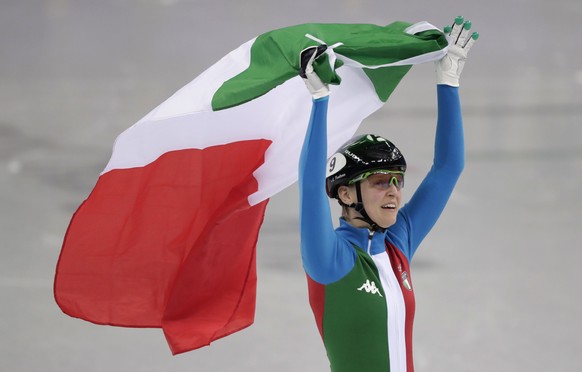 AriannaÂ Fontana of Italy celebrates after winning the ladies&#039; 500 meters short track speedskating final in the Gangneung Ice Arena at the 2018 Winter Olympics in Gangneung, South Korea, Tuesday, ...