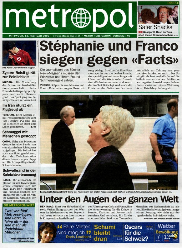 Das Titelblatt der Pendlerzeitung Metropol vom Mittwoch, 13. Februar 2002. Aus fuer Metropol. Die Pendlerzeitung ist am Mittwoch, 13. Februar 2002 zum letzten Mal erschienen und veschwindet damit defi ...