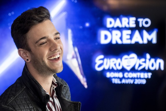 epa07420425 Luca Haenni poses at his announcement of the Swiss contribution to the 64th annual Eurovision Song Contest at the television studio in Zurich, Switzerland, 07 March 2019. Haenni will repre ...
