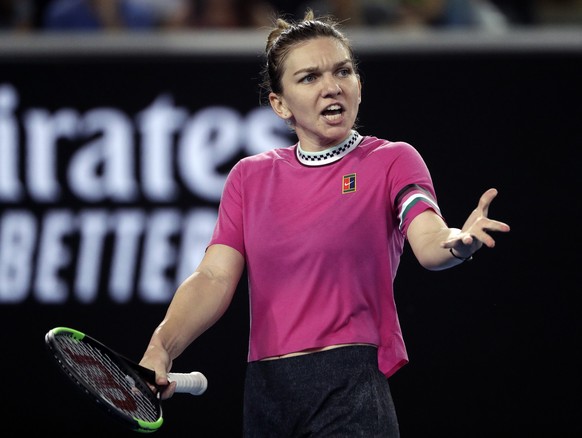 Romania&#039;s Simona Halep gestures during her first round match against Estonia&#039;s Kaia Kanepi at the Australian Open tennis championships in Melbourne, Australia, Tuesday, Jan. 15, 2019. (AP Ph ...