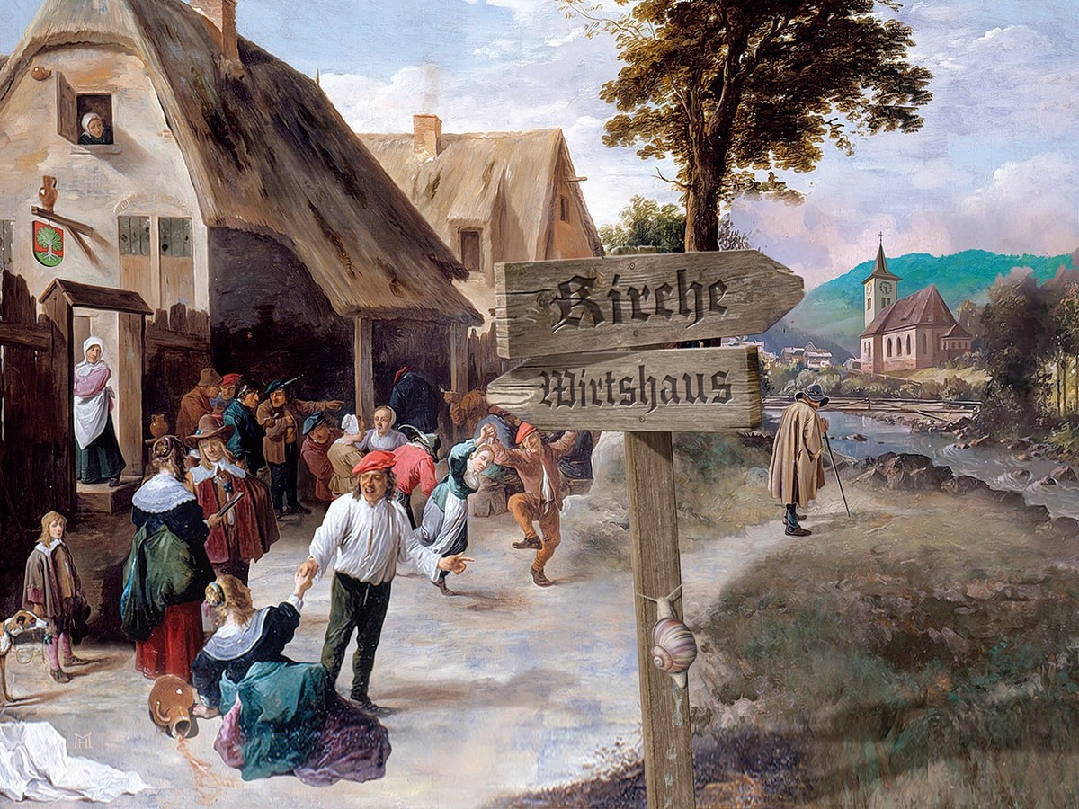 Pourquoi se rendre à l’église si on peut s’arrêter à l’auberge? 
https://achtung.be/arbeiten