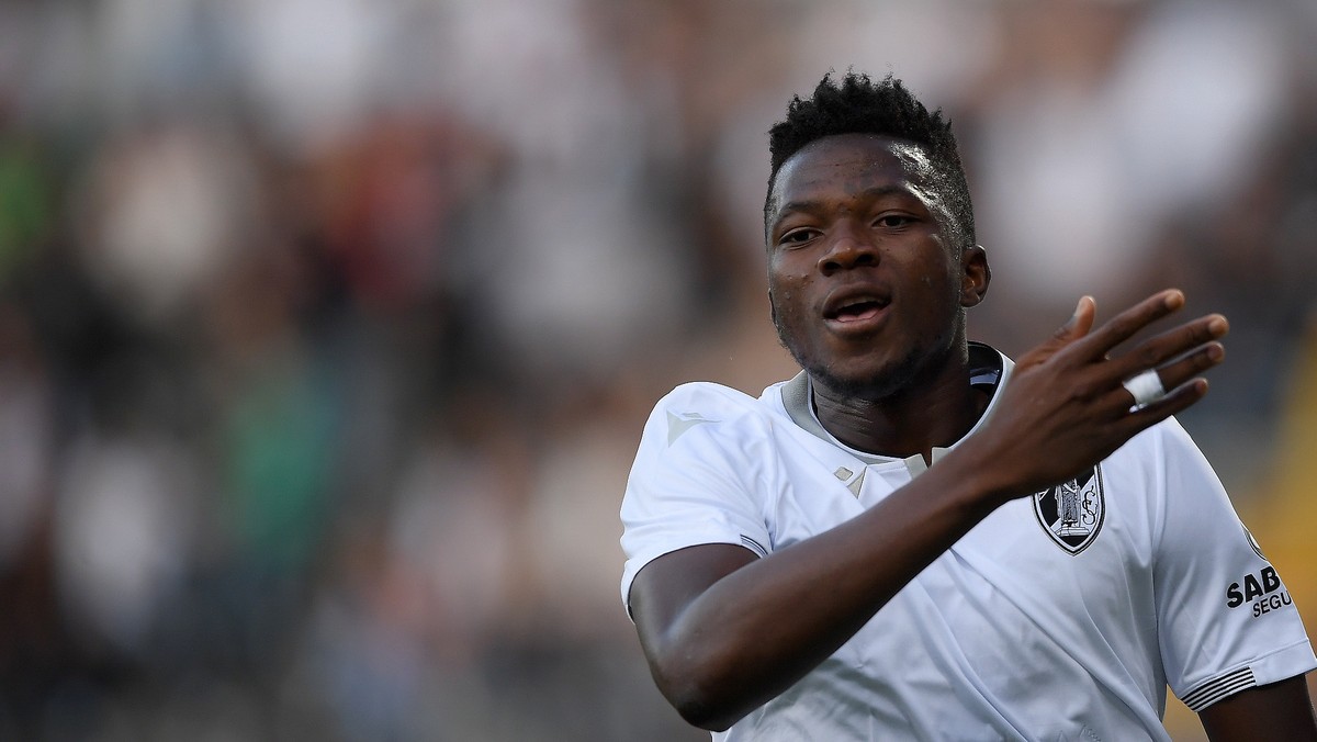 epa07752443 Vitoria de Guimaraes's E. Tapsoba celebrates after scoring a goal against Jeunesse Esch during their UEFA Europe League second qualifying round second leg soccer match, at Dom Afonso  ...