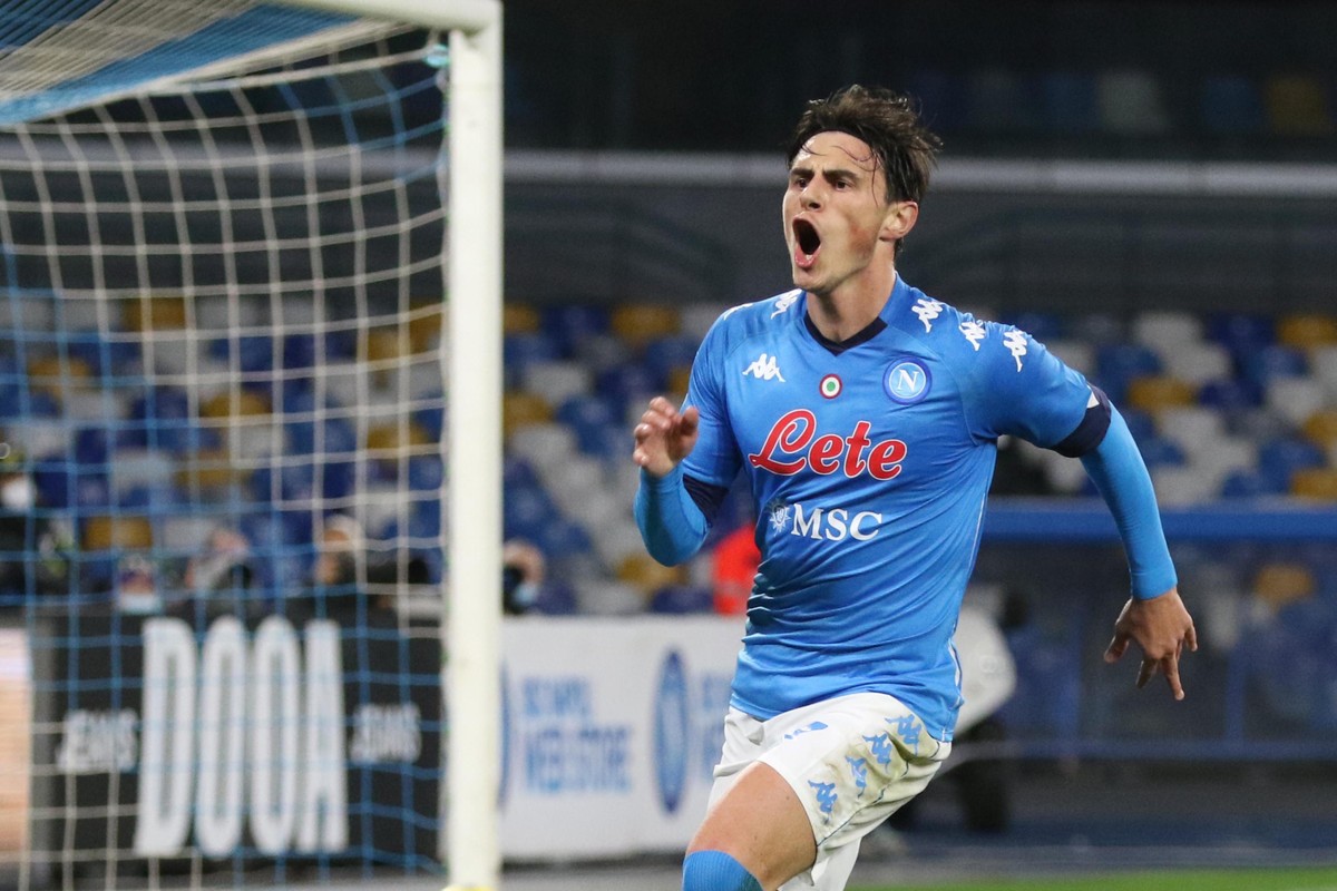 epa08978333 Napoli's midfielder Eljif Elmas jubilates after scoring the 1-0 during the Italian Serie A soccer match between SSC Napoli and Parma Calcio at the Diego Armando Maradona stadium in Na ...