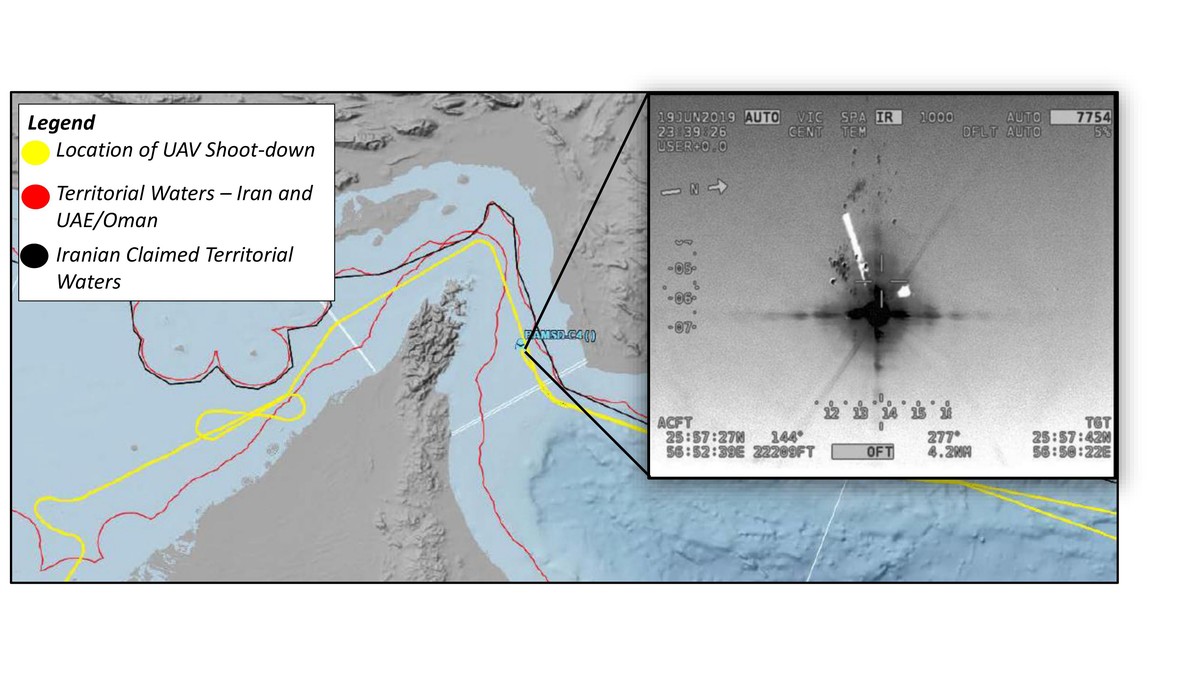 epa07661868 A handout photo made available by the US Department of Defense shows flight path and grid plot for the RQ-4A shot down by Iran in the Strait of Hormuz, released 20 June 2019. Iran's I ...