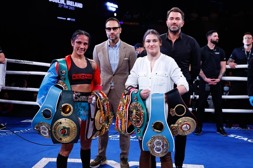 NEW YORK, NY - FEBRUARY 04: Amanda Serrano and Katie Taylor pose in the ring with their belts on February 4, 2023 at the Hulu Theater at Madison Square Garden in New York. Photo by Rich Graessle/Icon  ...