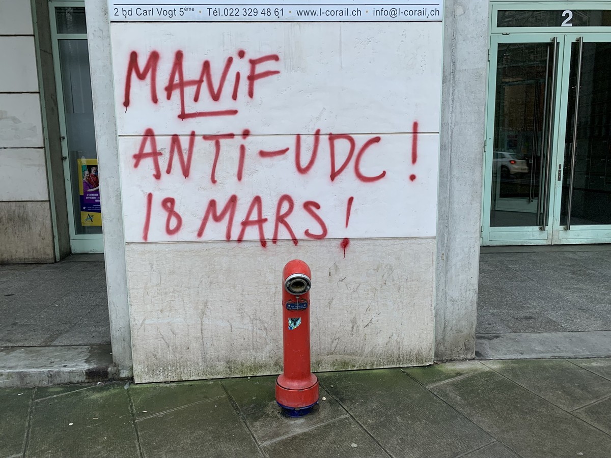 Une manifestation «anti-UDC» est prévue le 18 mars 2023, à l’occasion de la tenue du congrès national de l'UDC ce week-end-là à Genève.