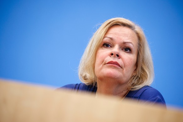 epa11586242 German Interior Minister Nancy Faeser looks on during a press conference at the federal press conference (Bundespressekonferenz) in Berlin, Germany, 05 September 2024. Together with Federa ...
