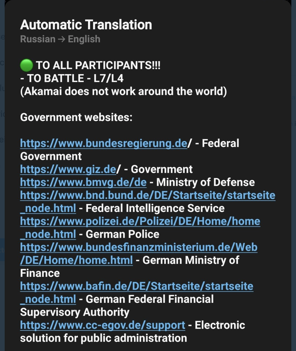 Auszug aus der Killnet-Liste mit Angriffszielen.