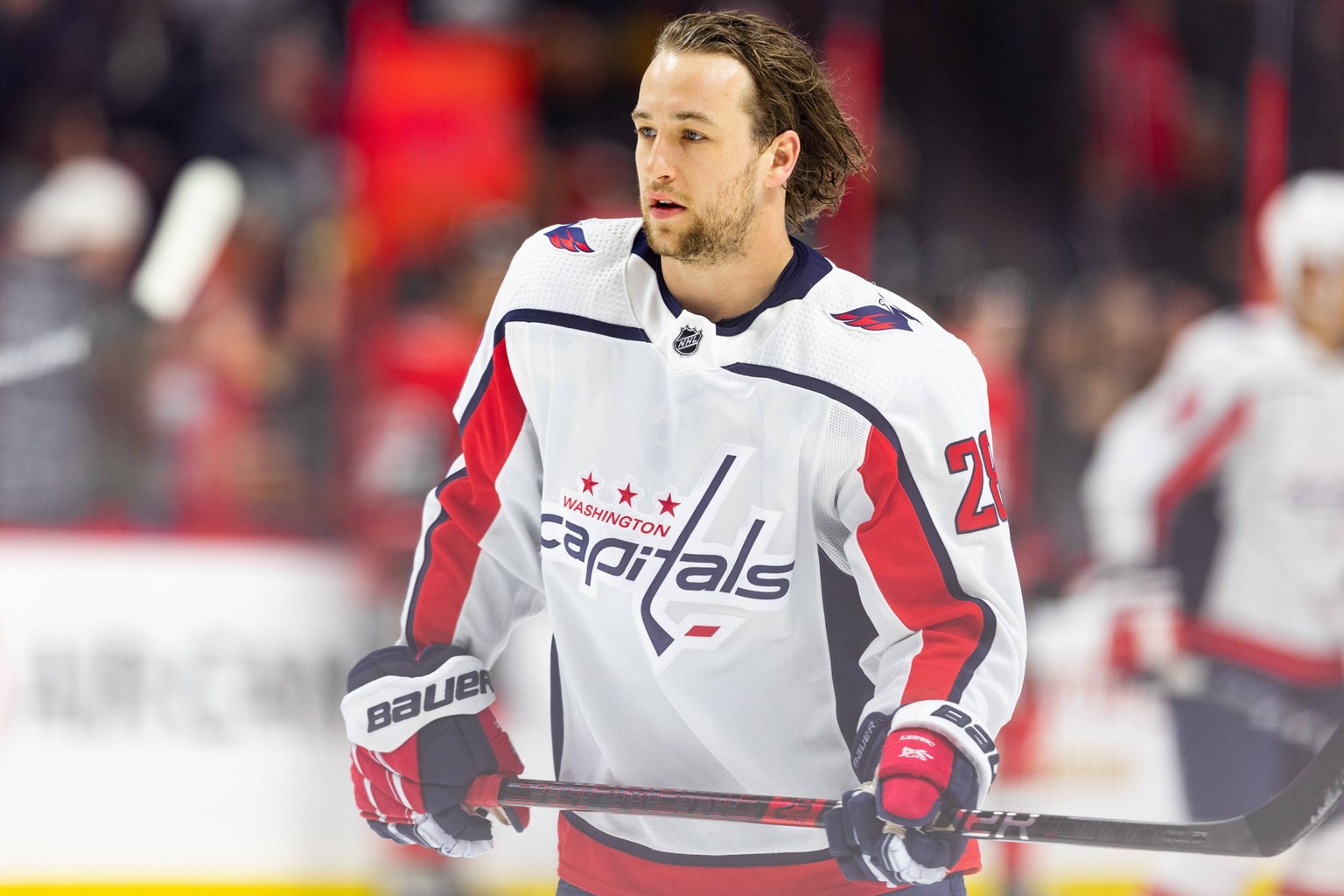 OTTAWA, ON - JANUARY 31: Washington Capitals Left Wing Brendan Leipsic 28 during warm-up before National Hockey League action between the Washington Capitals and Ottawa Senators on January 31, 2020, a ...