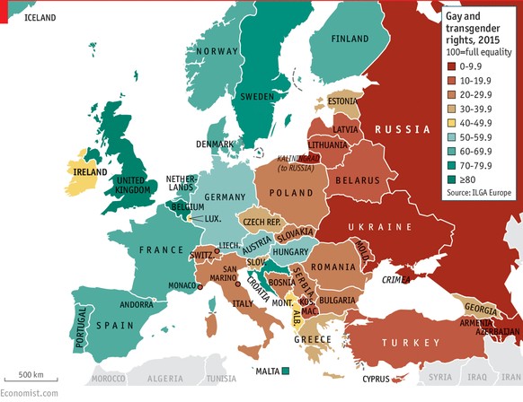 Homosexuelle und Transgender-Menschen haben in der Schweiz keinen guten Stand: Im&nbsp;europäischen Vergleich&nbsp;positioniert sich die Eidgenossenschaft zwischen Rumänien und Bulgarien.